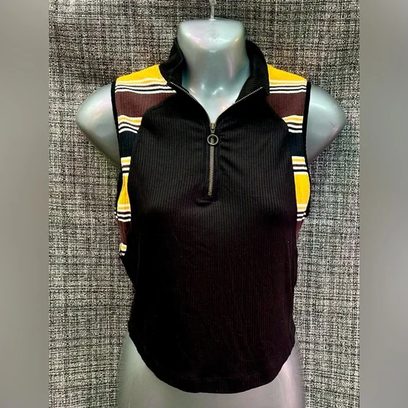 We The Free Black and Yellow Striped Mock Neck Zip Up Tank Top- Womens Small - Picture 3 of 5